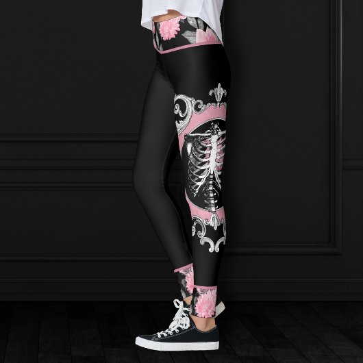 Gotische Liefde | Roze en Zwart Skelet Hart Bloeme Leggings