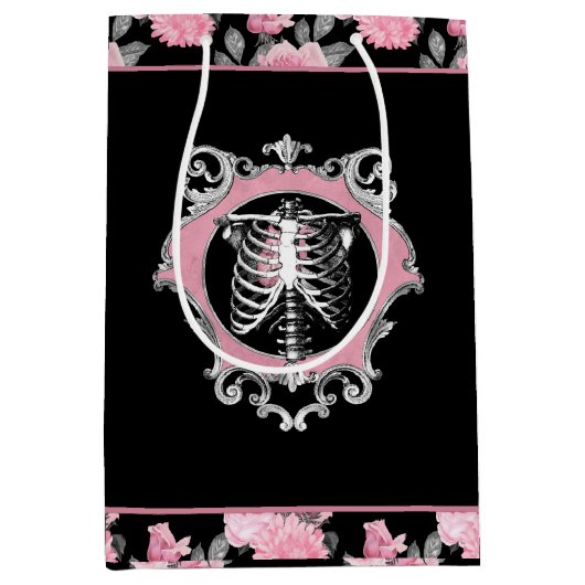 Gotische Liefde | Roze en Zwart Skelet Hart Bloeme Medium Cadeauzakje (Voorkant)