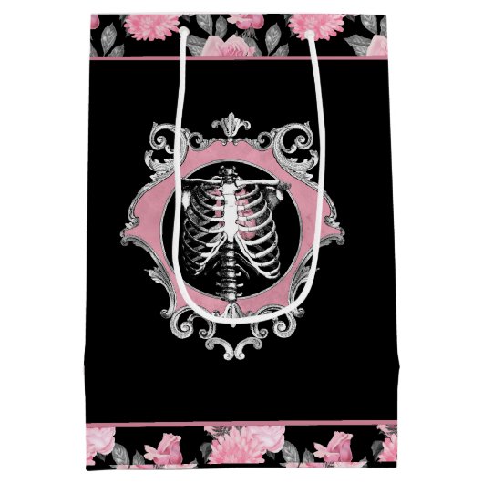 Gotische Liefde | Roze en Zwart Skelet Hart Bloeme Medium Cadeauzakje (Achterkant)
