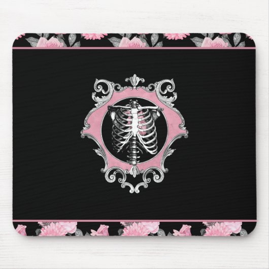 Gotische Liefde | Roze en Zwart Skelet Hart Bloeme Muismat (Voorkant)