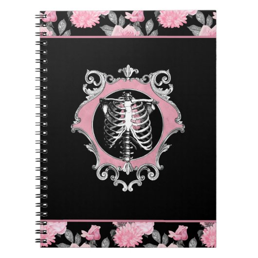 Gotische Liefde | Roze en Zwart Skelet Hart Bloeme Notitieboek (Voorkant)