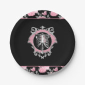 Gotische Liefde | Roze en Zwart Skelet Hart Bloeme Papieren Bordje (Voorkant)