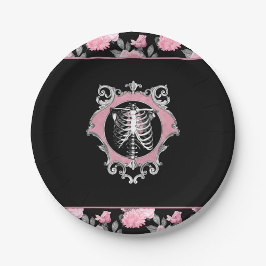 Gotische Liefde | Roze en Zwart Skelet Hart Bloeme Papieren Bordje (Voorkant)