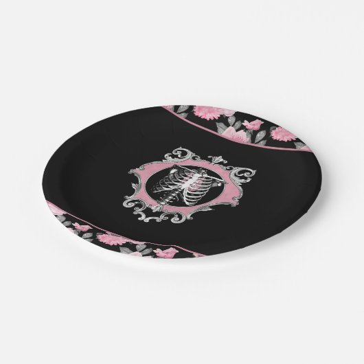Gotische Liefde | Roze en Zwart Skelet Hart Bloeme Papieren Bordje (Gekanteld)