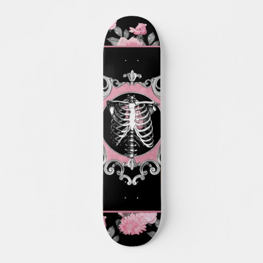 Gotische Liefde | Roze en Zwart Skelet Hart Bloeme Persoonlijk Skateboard (Voorkant)