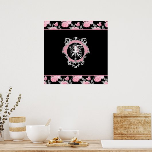 Gotische Liefde | Roze en Zwart Skelet Hart Bloeme Poster (Keuken)