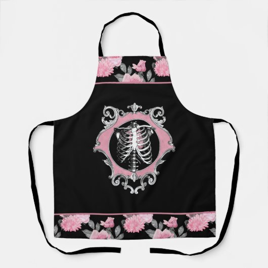 Gotische Liefde | Roze en Zwart Skelet Hart Bloeme Schort (Voorkant)