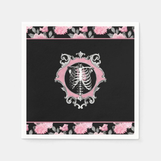 Gotische Liefde | Roze en Zwart Skelet Hart Bloeme Servet (Voorkant)