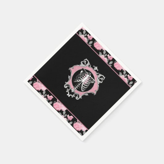 Gotische Liefde | Roze en Zwart Skelet Hart Bloeme Servet (Hoek)