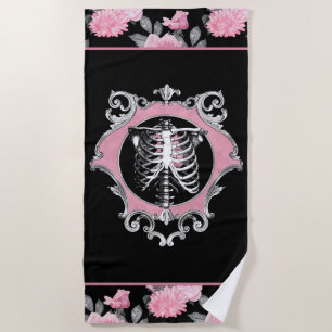 Gotische Liefde Roze en Zwart Skelet Hart Bloeme Strandlaken