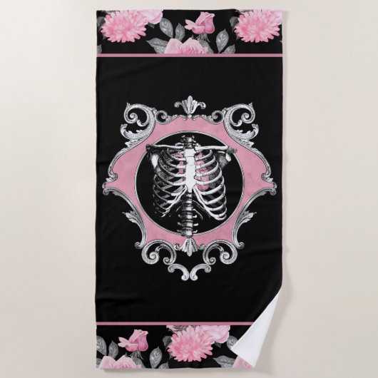Gotische Liefde | Roze en Zwart Skelet Hart Bloeme Strandlaken (Voorkant)