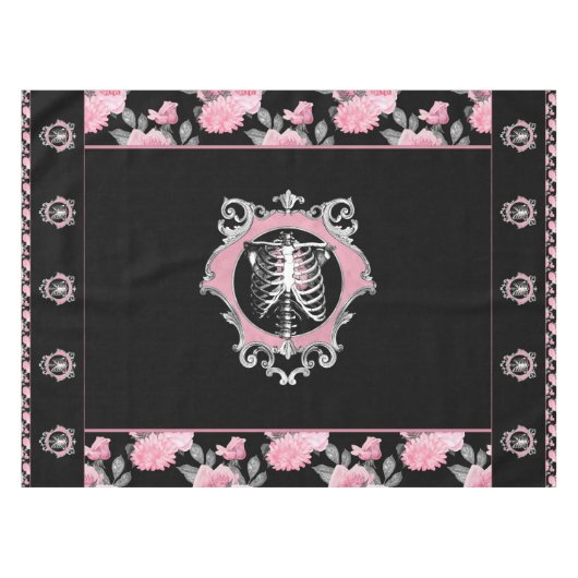 Gotische Liefde | Roze en Zwart Skelet Hart Bloeme Tafelkleed (Voorkant (Horizontaal))