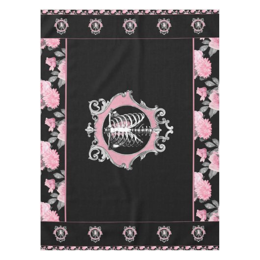 Gotische Liefde | Roze en Zwart Skelet Hart Bloeme Tafelkleed (Voorkant)