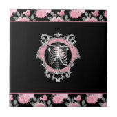 Gotische Liefde | Roze en Zwart Skelet Hart Bloeme Tegeltje (Voorkant)