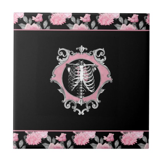 Gotische Liefde | Roze en Zwart Skelet Hart Bloeme Tegeltje (Voorkant)