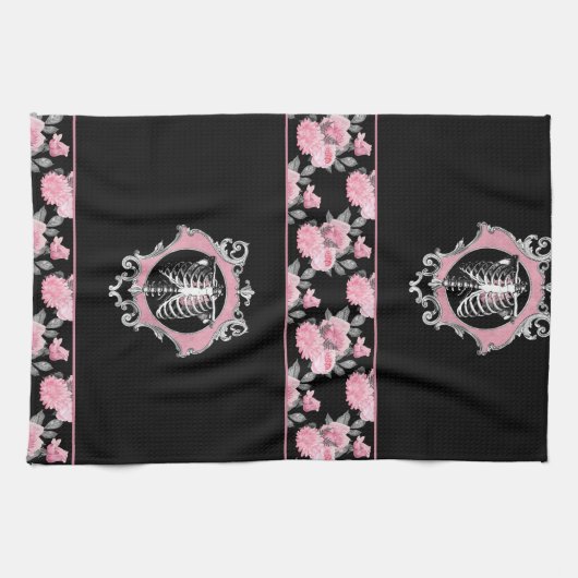 Gotische Liefde | Roze en Zwart Skelet Hart Bloeme Theedoek (Horizontaal)