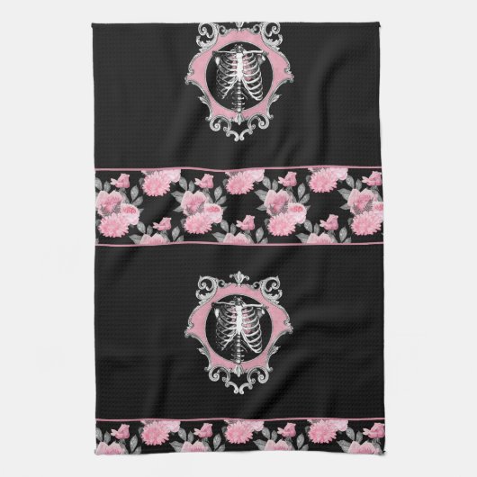 Gotische Liefde | Roze en Zwart Skelet Hart Bloeme Theedoek (Verticaal)