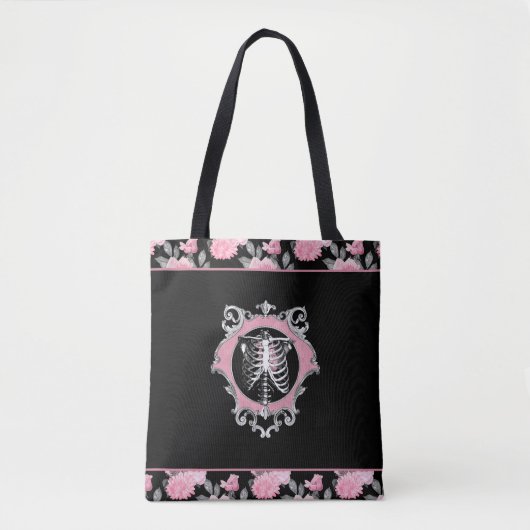 Gotische Liefde | Roze en Zwart Skelet Hart Bloeme Tote Bag (Voorkant)