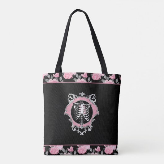 Gotische Liefde | Roze en Zwart Skelet Hart Bloeme Tote Bag (Achterkant)