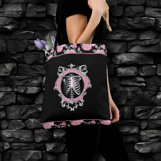 Gotische Liefde | Roze en Zwart Skelet Hart Bloeme Tote Bag
