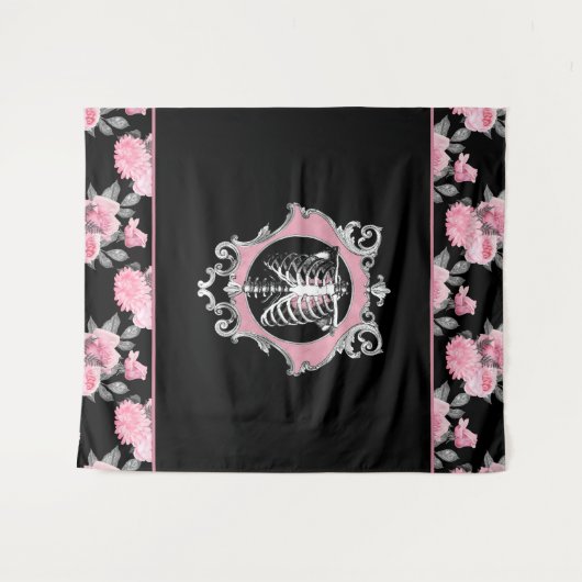 Gotische Liefde | Roze en Zwart Skelet Hart Bloeme Wandkleed (Voorkant (horizontaal))