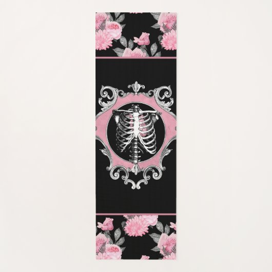 Gotische Liefde | Roze en Zwart Skelet Hart Bloeme Yogamat (Voorkant)