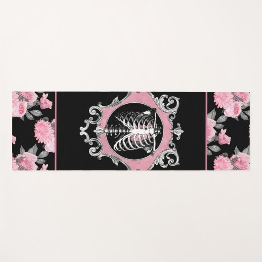 Gotische Liefde | Roze en Zwart Skelet Hart Bloeme Yogamat (Voorkant (horizontaal))