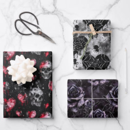 Gotische liefde schedels en rode harten inpakpapier vel