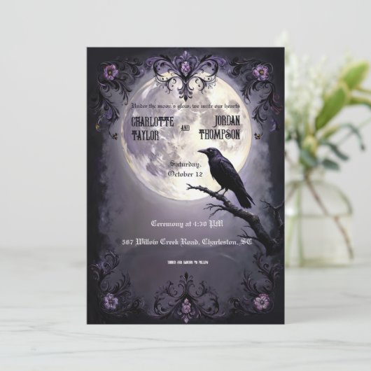 Gotische Maan & Raven Huwelijksuitnodigingen Donke Kaart (Staand voorkant)