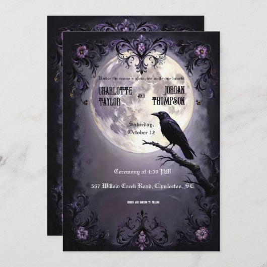 Gotische Maan & Raven Huwelijksuitnodigingen Donke Kaart (Voorkant / Achterkant)