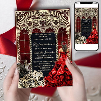 Gotische Maskerade Quinceañera Rood Goud Kaart