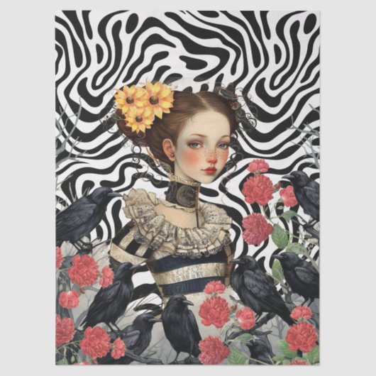 Gotische Meisje  Bloemen & Raven Decoupage Tissuepapier (Voorkant)