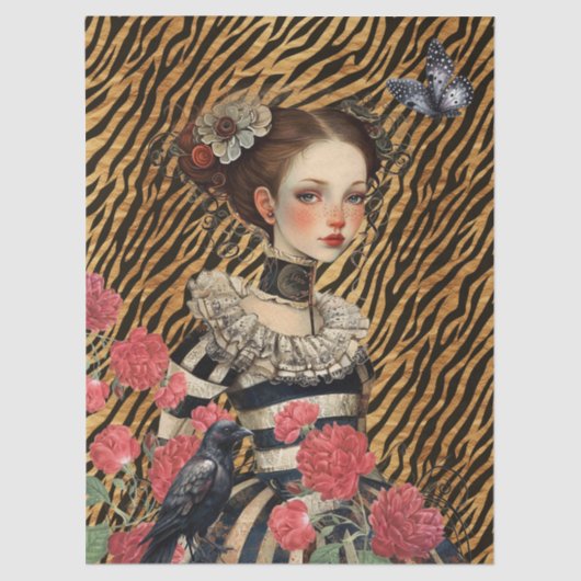 Gotische Meisje Bloemen & Raven Decoupage Tissuepapier (Voorkant)