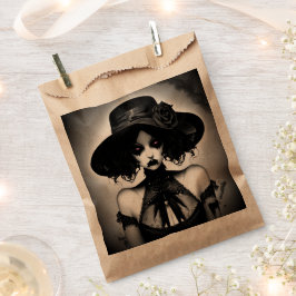 Gotische Meisje in Zwarte Jurk en Hoed Halloween Bedankzakje