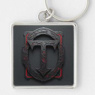 🛡️ Gotische Metal T Schild Embleem Rood Accent 🔑 Sleutelhanger