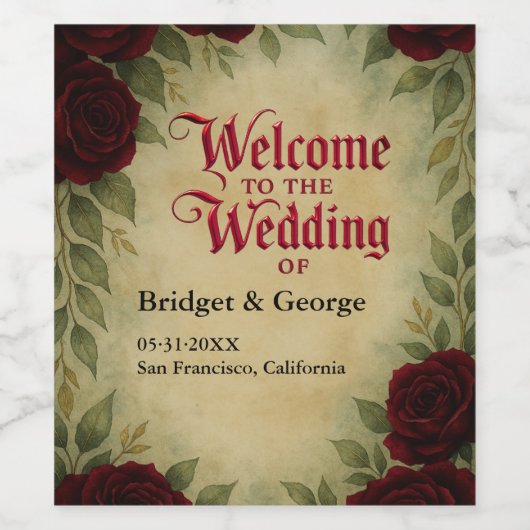 Gotische middeleeuwse antiek  roos bruiloft wijn etiket (Enkel label)