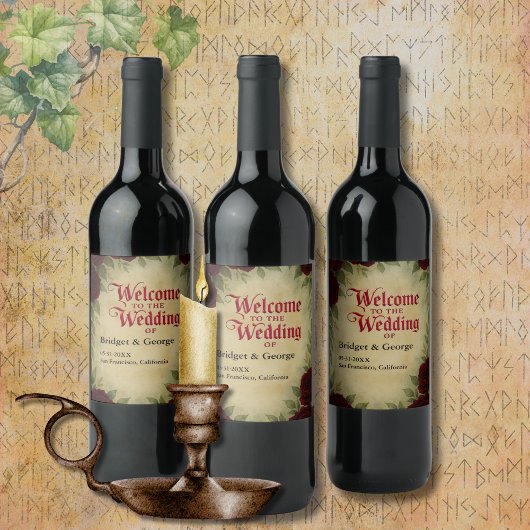 Gotische middeleeuwse antiek roos bruiloft wijn etiket