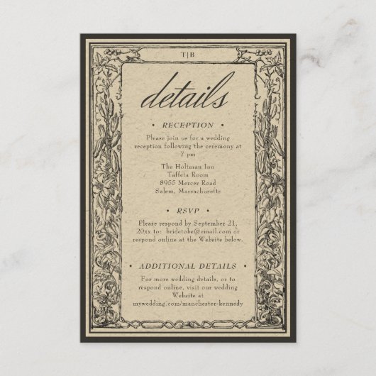  gotische middeleeuwse grens bruiloft details informatiekaartje (Voorkant)