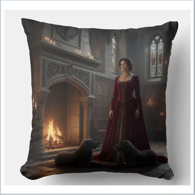 Gotische middeleeuwse jonkvrouw in kasteel met hon kussen (Creator heeft geüpload)