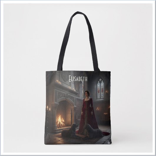 Gotische middeleeuwse jonkvrouw in kasteel met hon tote bag