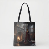 Gotische middeleeuwse jonkvrouw in kasteel met hon tote bag (Voorkant)