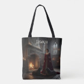 Gotische middeleeuwse jonkvrouw in kasteel met hon tote bag (Achterkant)
