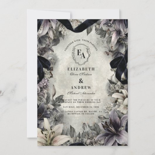 Gotische Monochrome Bloemen Wedding Design Kaart (Voorkant)