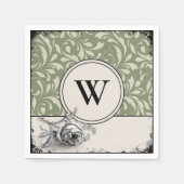Gotische Monogram Saliegroen Damast Roos Servet (Voorkant)