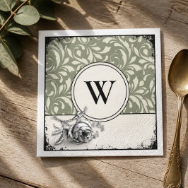 Gotische Monogram Saliegroen Damast Roos Servet