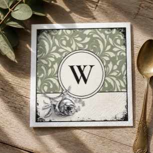 Gotische Monogram Saliegroen Damast Roos Servet
