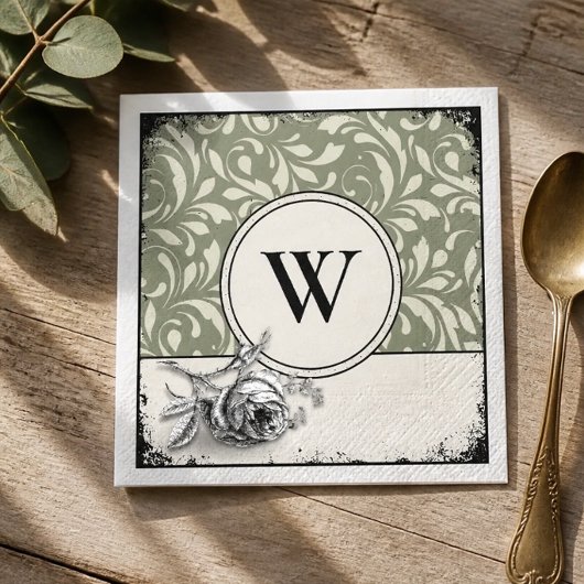 Gotische Monogram Saliegroen Damast Roos Servet