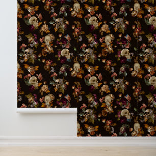 Gotische Moody Bloemen Met Schedels Behang