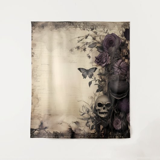 Gotische Moody Paarse & Zwarte Schedel & Moth Wandkleed (Voorkant)