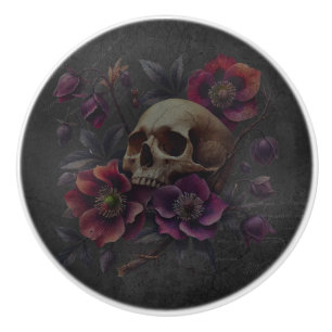 Gotische Moody Schedel met Bloemen Keramische Knop